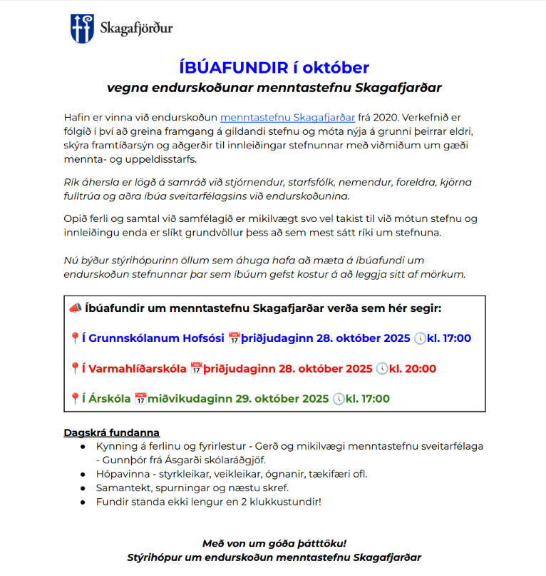 Íbúafundir í október vegna endurskoðunar menntastefnu Skagafjarðar